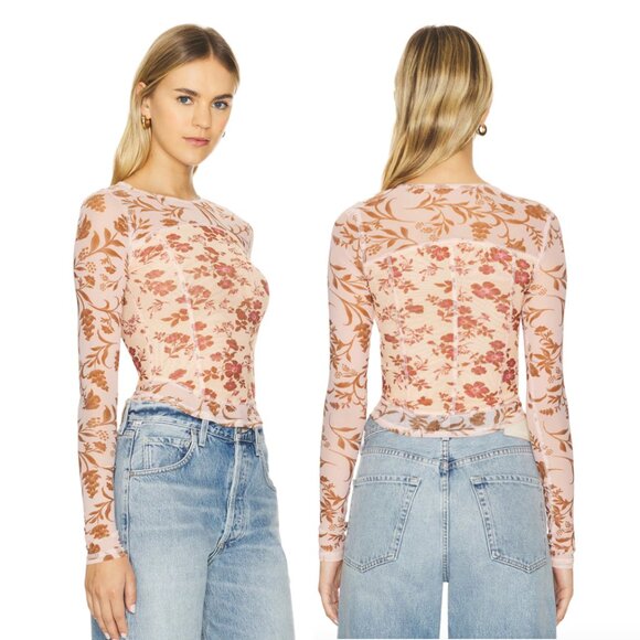 Free People Betty's Garden Floral Print Long Sleeve Top, Coral XS NWT - Picture 2 of 12